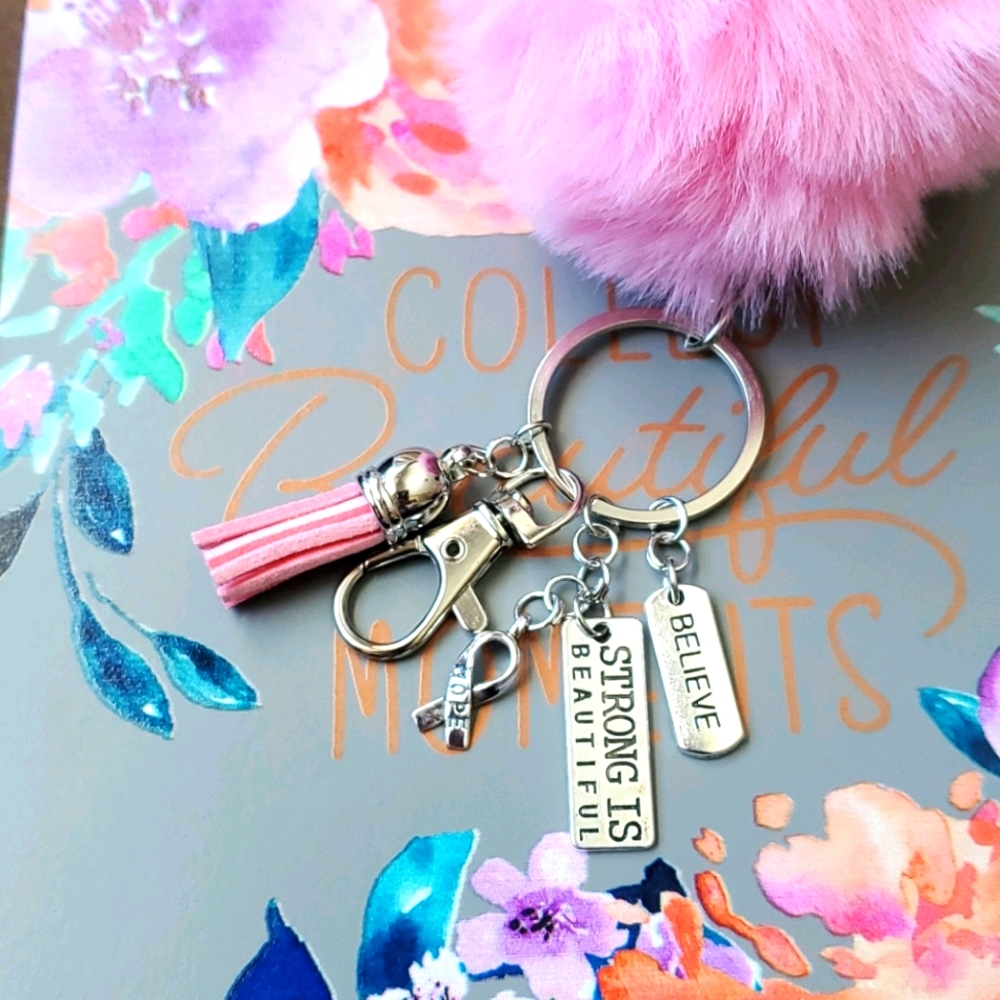Breast cancer awareness Pom Pom keychain